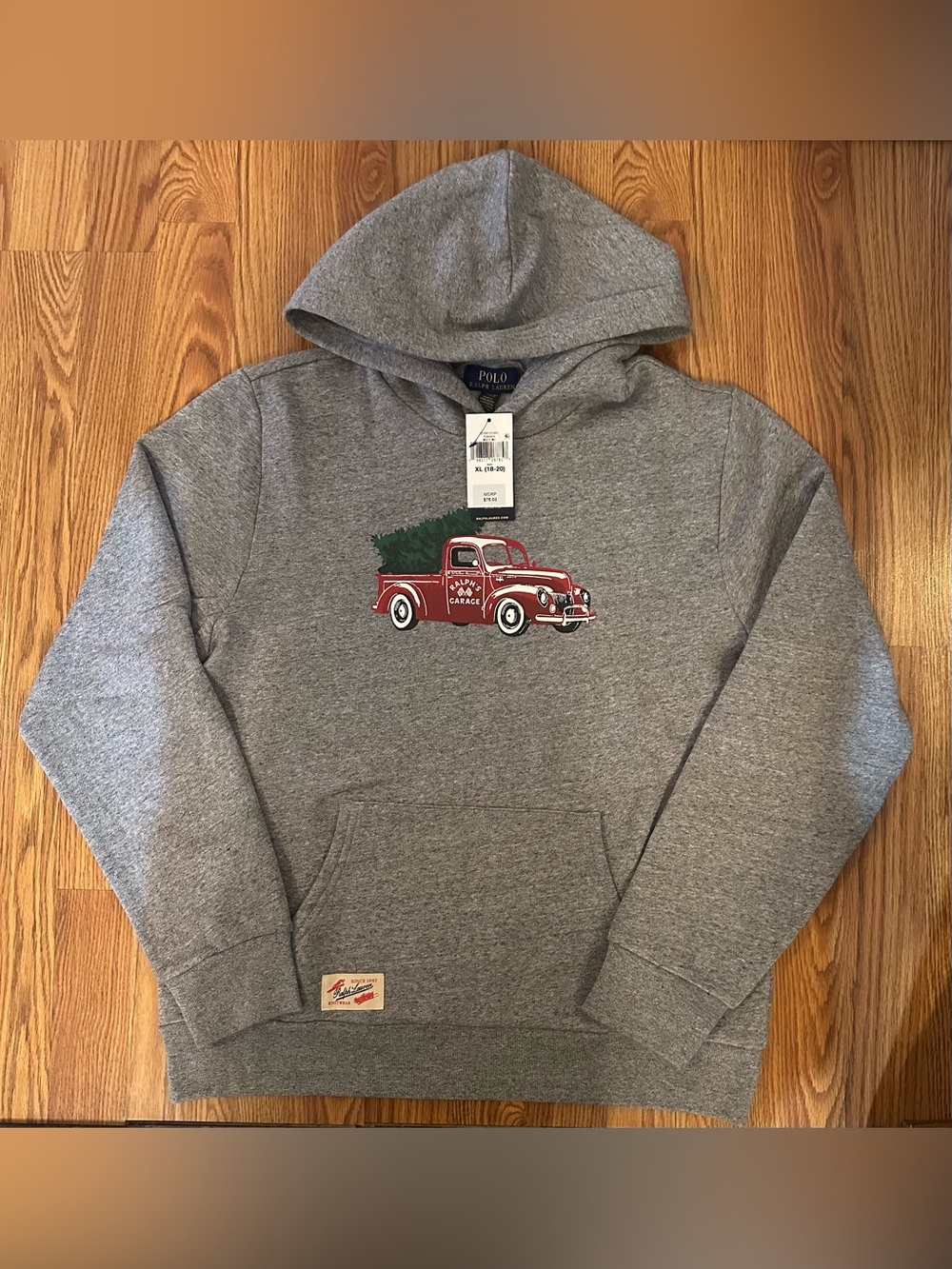 Polo Ralph Lauren Boy’s Gray Hooded Sweatshirt with Red Truck Graphic, Size XL